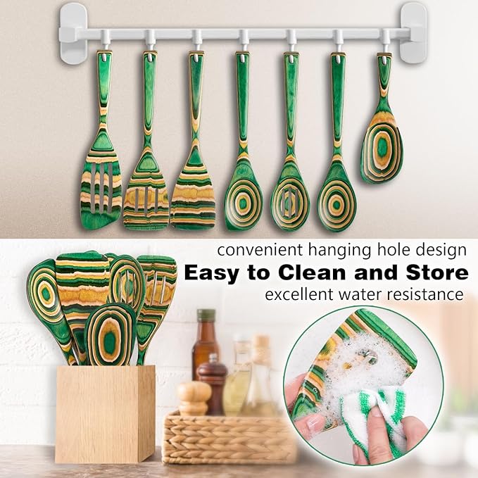 Pakkawood 7-Piece Wooden Cooking Utensil Set-Wood Kitchen Utensil Set, Wooden Spoons for Cooking, Nonstick Safe Non-Toxic Wooden Cooking Tools by HOWHONG (Oasis Color)