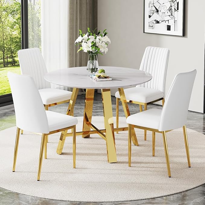 Round Dining Table Set for 4, Modern Kitchen Dining Table Chairs Set for 4, 42" Faux Marble Dining Room Table Set & 4 PU Leather Chairs for Kitchen Living Office Cafe Small Space