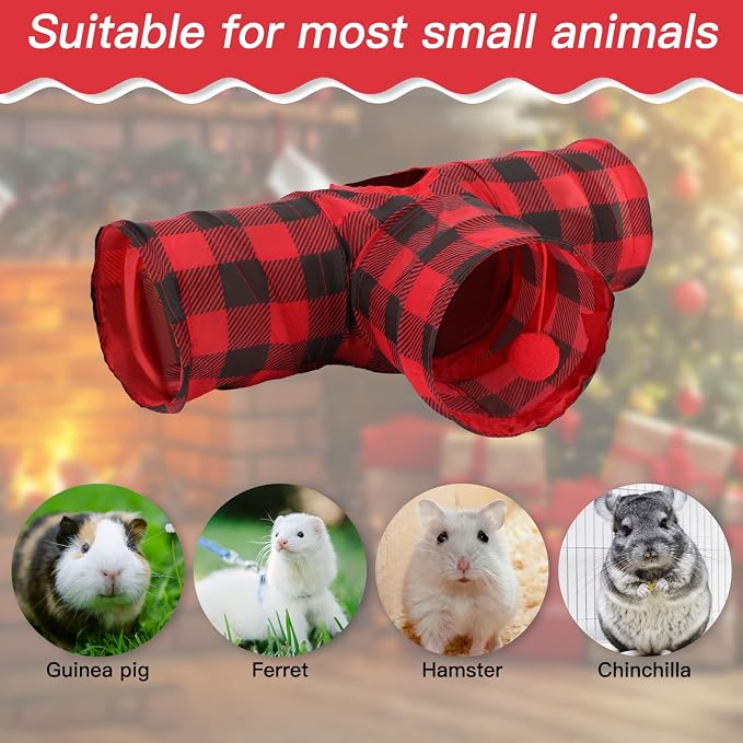 Rypet Guinea Pig Tunnel Hideout 3-Way Collapsible Small Pet Tubes, Red | 3 Way Design for Exploration, Collapsible for Easy Storage, Built-in Play Ball, Hiding & Resting for Hamsters Ferrets