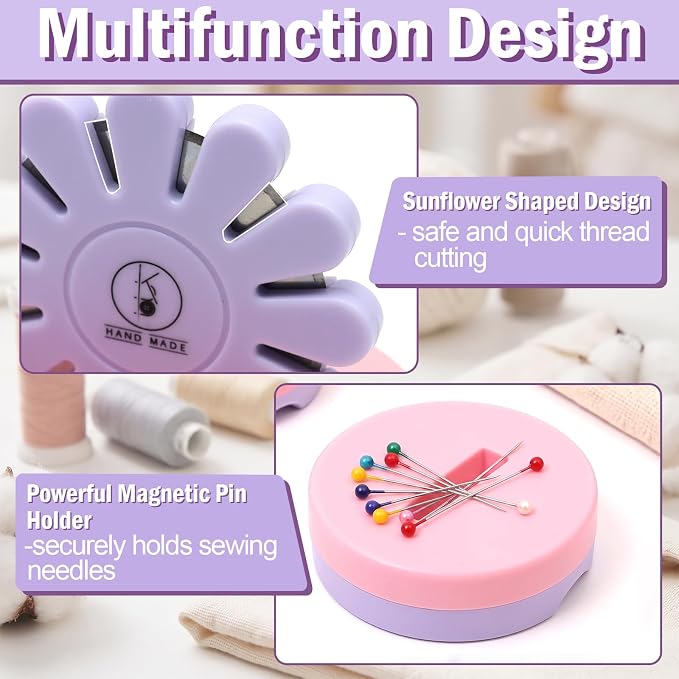 Sizobi Purple Magnetic Pin Holder with Thread Cutter, Blade Saver | Double-Sided Magnetic, 12 Cutting Point, Concealed Blade, Vertical Placement, Multi-functional Storage, Flower-shaped Design