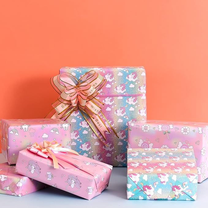 PlandRichW Unicorn Wrapping Paper Folded for Girls, Women Birthday 4 Princess Pink Designs of Rainbow, Fairy Wand, Diamond, for Holidays Baby Shower 12 Sheets 20 × 29 Inches