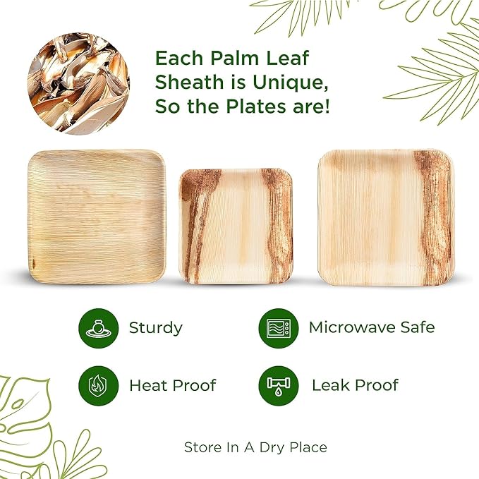 10”&6” Combo Square Palm Leaf Plates – Compostable, Biodegradable, Eco-Friendly – Like Bamboo Disposable Plates for Party, Wedding, Picnic – Sturdy, Heat Proof & Leak Proof
