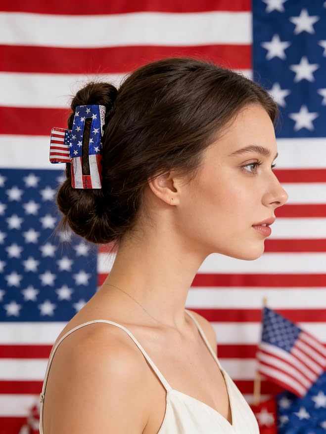 1Pc July 4th Hair Clips Acetate Patriotic Hair Claw Clips Blue American Flag Design Non-Slip Jaw Barrettes Fashion Styling Red White and Blue Hair Accessories Gift for Women Girls Thick Thin Hair