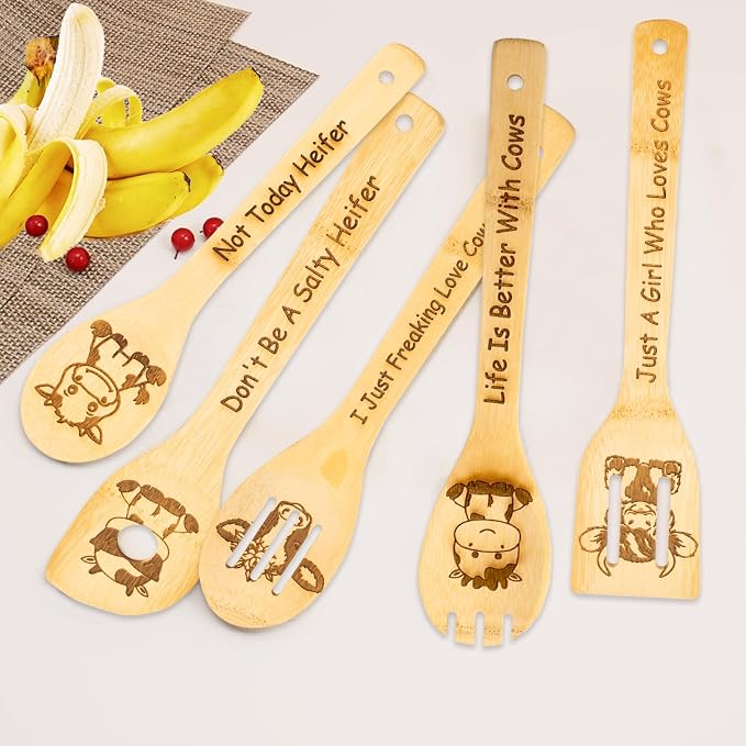 5PCS Cow Wooden Cooking Spoons Set Bamboo Cooking Spoons | Cow Kitchen Decor Housewarming Wedding Anniversary Thanksgiving Christmas for Mom Women Animal Lovers