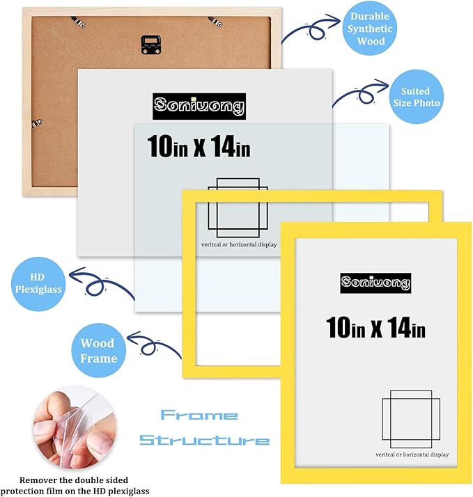 10x14 inch Wood Picture Frames for Wall Hanging,Diamond Painting Frames Rectangle Baby Scan Picture Frame for Family Walls Decoration,Anniversary,Wedding,Christmas,Halloween,Shower,Certificate (Yellow)