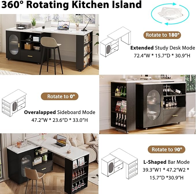 HSH Kitchen Island with Storage, Mobile Kitchen Island Cart with Cabinet, Drawer & Shelves, Farmhouse Island Table on Wheels with White Faux Marble Top and Black Oak Base for Dining Room & Home Bar