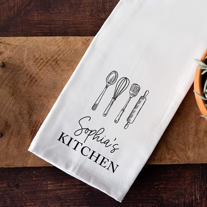 Andaz Press Personalized Kitchen Towel, Flour Sack Tea Towel, Custom Kitchen Gifts Housewarming Birthday for Mom Grandma, Kitchen Decor Utensil Design Hand Towel Custom Dish Towels
