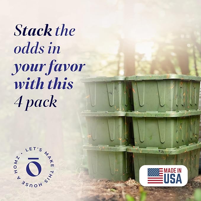 HOMZ 4-Pack Durabilt Tote, Heavy Duty Plastic Storage Bins with Lids, 27 Gallon, Green Camo - Stackable Organizing Containers for Home, Garage, and Office