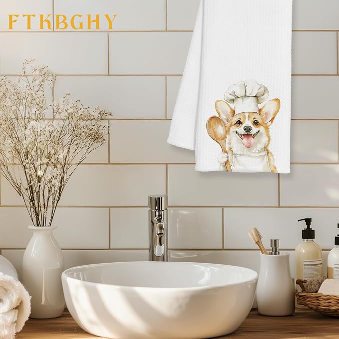 Funny Corgi Chef Kitchen Towels, Corgi Lover Gifts for Women Men, Gifts for Chef, Funny Dog Decorative Dish Hand Tea Towels for Kitchen Bakery, 16x24 Inch