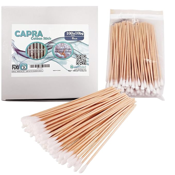 Dental Grade Inch Long Cotton Swabs with Bamboo Wooden Handles Cotton Tipped Applicator by VASTMED | Ideal for Application of Medication, Cleaning Skin, Arts and Crafts Remover Tool (6" (1000PCs))