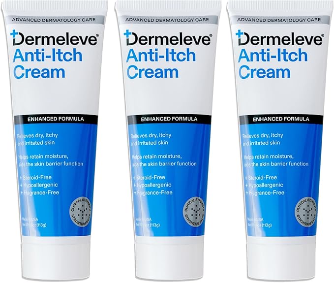 Dermeleve Steroid Free Anti-Itch Cream | Extra Strength for Psoriasis, Seborrheic Dermatitis, Viral Rash, Bug Bites, Allergy, Chronic Hives, Neuropathy (Nerve) | Full Body Itch Relief | 4 oz (3 Pack)