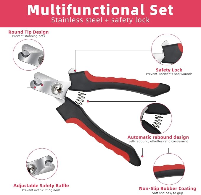 5Pcs Dogs and Cats Grooming Nail Clippers Kit Pet Claws Nail Clipper Trimmers, with Protective Guard Lock to Avoid Over Cutting, Professional Trimmers for Large and Small Cat and Dog (Red and Black)