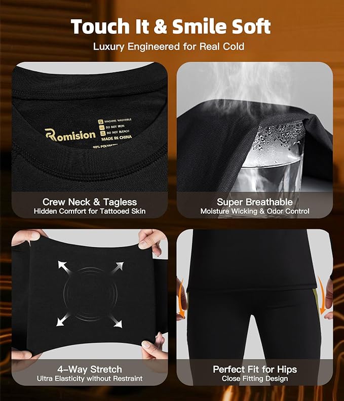 romision 2 Pack Thermal Underwear for Men Long Johns Fleece Lined Hunting Gear Bottom Top Set Base Layer Cold Weather XS-4XL