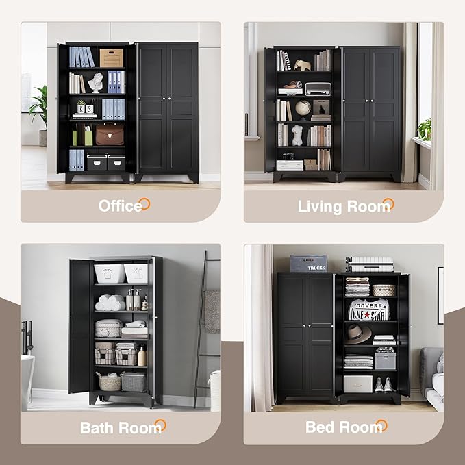 Yizosh Metal Pantry Cabinet,Tall Kitchen Pantry Storage Cabinet with Doors and Adjustable Shelves - 61" Black Cupboard Cabinet for Kitchen, Living Room,Dining Room,Home