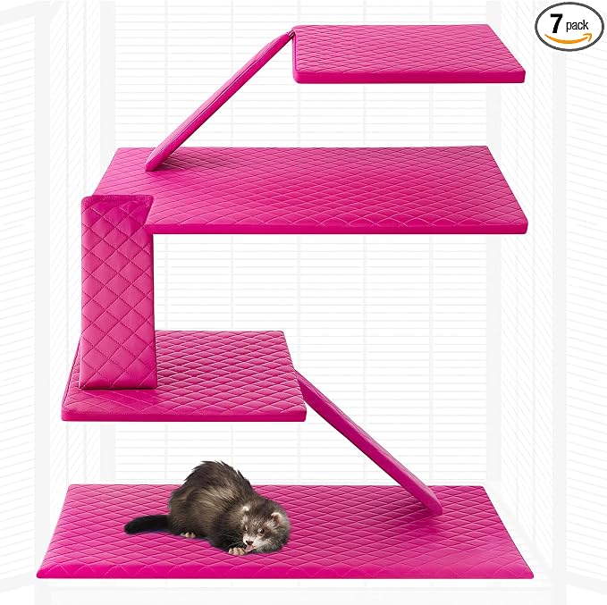 Beeveer 7 Pcs Winter Ferret Cage Liner Set Washable Ferret Pads Bedding Cage Accessories for Small Animals Hamster Rats Chinchillas Hedgehogs Guinea, Stain-Resistant Material(Light Pink)