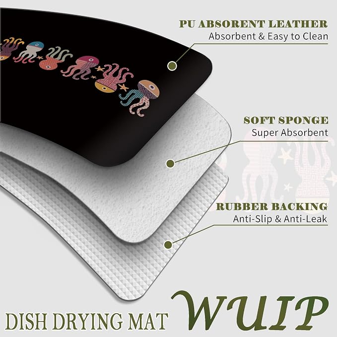 Colorful Octopus Dish Drying Mats for Kitchen Counter, Octopus Gifts, Nautical Coastal Absorbent Reversible Coffee Bar Mat Drying Pad for Kitchen Decor, 12x15 Inch