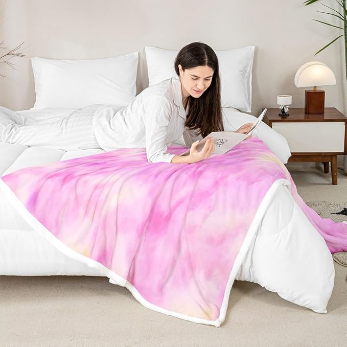 Feelyou Pink Fleece Throw Blanket 40"x50" Kids Tie Dye Watercolor Sherpa Blanket Plush Fuzzy for Bed Couch Chair Living Room, Dreamy Girly Bed Blanket Room Decor