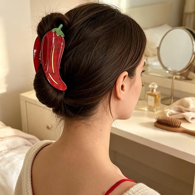 Red Chili Pepper Hair Clips Vegetable Hair Claw Clips Acrylic Hair Jaw Clip | Strong Hold Hair Barrettes Funny Chili Hair Clamp with Leaf Summer Autumn Winter Daily Holiday Hairstyle Accessory for Women