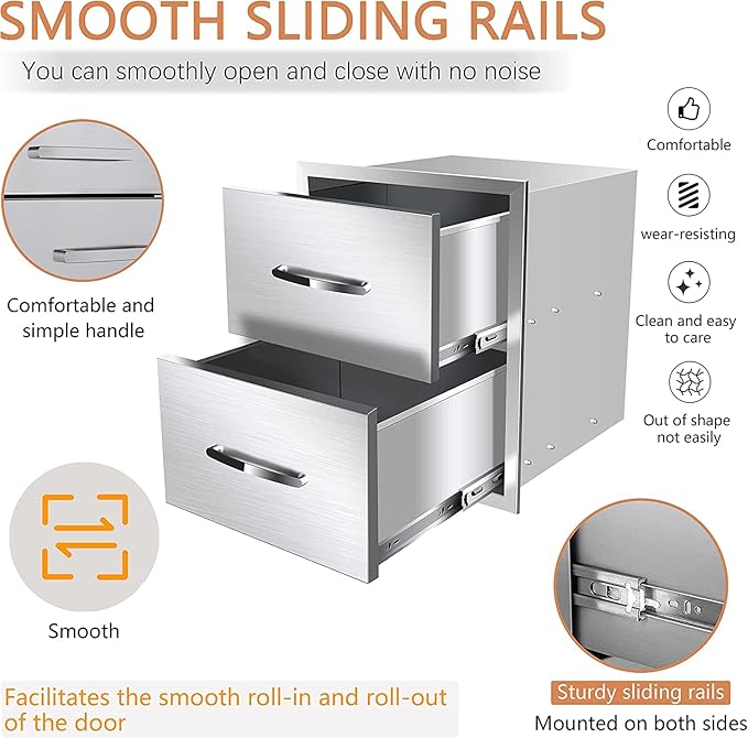 Outdoor Kitchen Drawers Stainless Steel 14W X 15H X 23D Inch, Flush Mount Double BBQ Island Drawers with Handle for Outdoor Kitchens, Patio or Grill Station