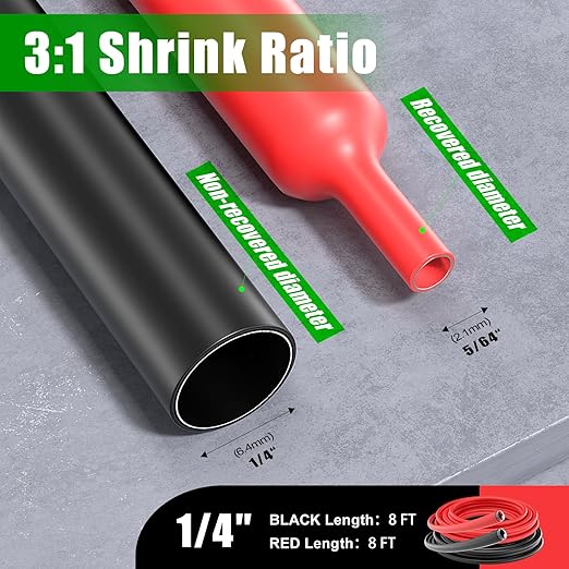 ELECFUN 1/4 Inch 16Ft Waterproof Heat Shrink Tubing Roll, 3:1 Marine Grade Adhesive Lined Heat Shrink Tube, Dual Wall Sealing Oil-Proof Wear-Resistant Wire Cable Wrap (8ft Black & 8ft Red)