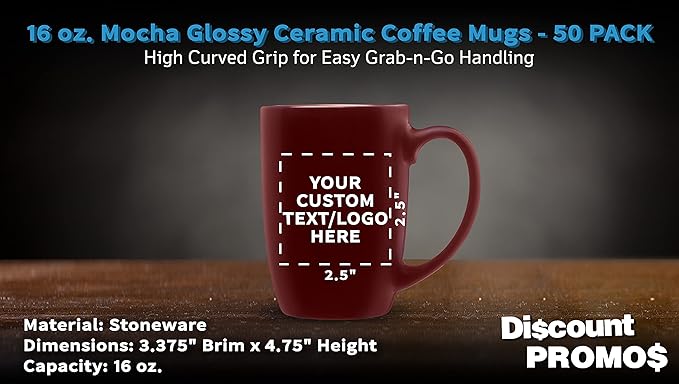 DISCOUNT PROMOS 50 Large Mocha Glossy Ceramic Coffee Mugs Set, 16 oz. - Customizable Text, Logo - Stoneware, Smooth, Durable, C-handle - Maroon