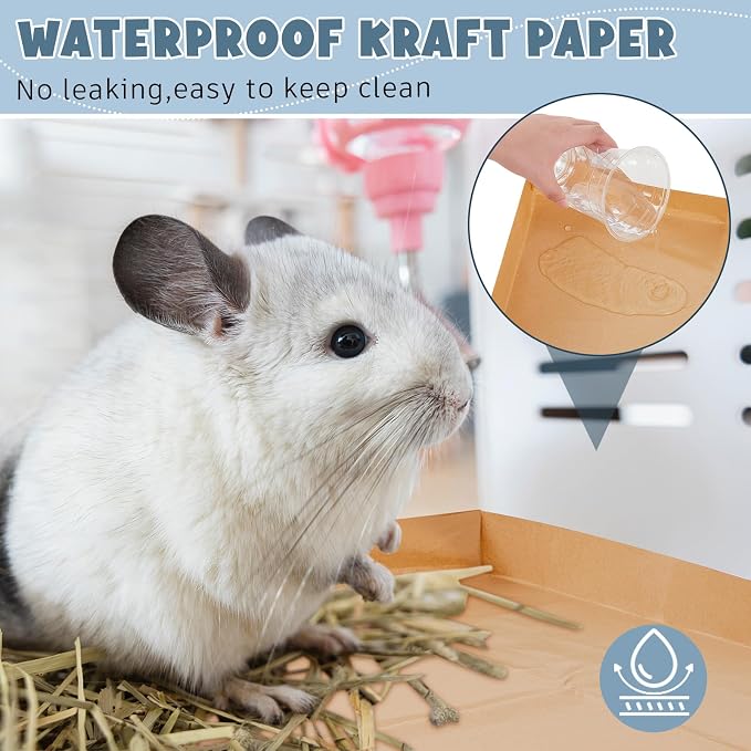 Fuyoooo 6 Pcs 48 x 24 Disposable Guinea Pig Cage Liner with Tape | Unfolded Cage Bottom, Large Waterproof Kraft Paper Tray, Leakproof Bedding Mats for Small Pet Animals
