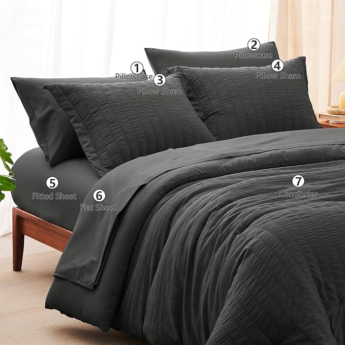 CozyLux California King Comforter Set with Sheets 7 Pieces, Dark Grey Seersucker Bed in a Bag Cal King Luxury Soft Bedding Sets with Down Alternative Comforter, Sheets, Pillowcases & Shams All Season