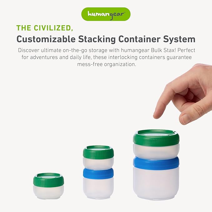 humangear STAX, Stackable Snack Containers - Leak-Proof Snack Travel System - FDA-Food Safe, BPA/PC/Phthalate-Free - Stackable & Click-Together Food Storage, Medium Short 12-Pack, Clear/Forest Green