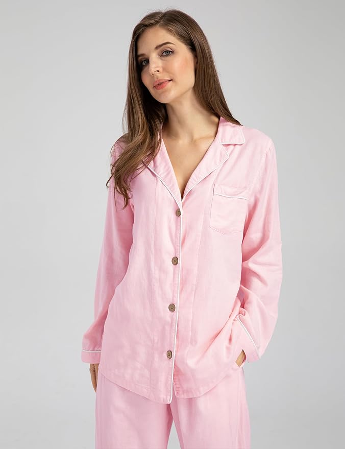 Womens Pajama Sets 100% Double Gauze Cotton Linen Like Muslin Pajamas Long Sleeve Button Down Sleepwear Soft Pjs Lounge Set