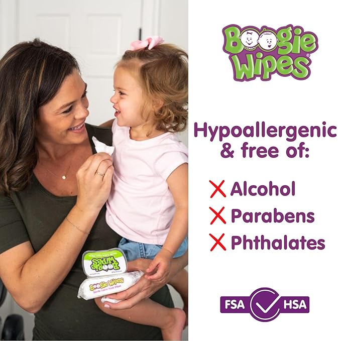Boogie Wipes, Saline Wipes for Baby & Kids, Nose Booger Wipes for Allergy Relief, Face, Hand & Body, Made with Vitamin E, Aloe and Natural Saline, Unscented, 30 Count (Pack of 3)