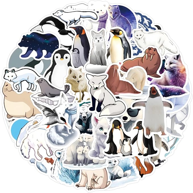 60Pcs Artic Animals Sticker, Cute Stickers for Kids Teens Adults, Vinyl Cartoon White Animals Decals Kawaii Sticker for Decor Water Bottles Laptops Guitar Scrapbook
