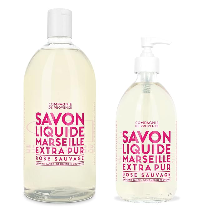 Compagnie de Provence Savon de Marseille Extra Pure Liquid Soap - Wild Rose - 16.7 Fl Oz Glass Pump Bottle and 33.8 fl oz Plastic Bottle Refill
