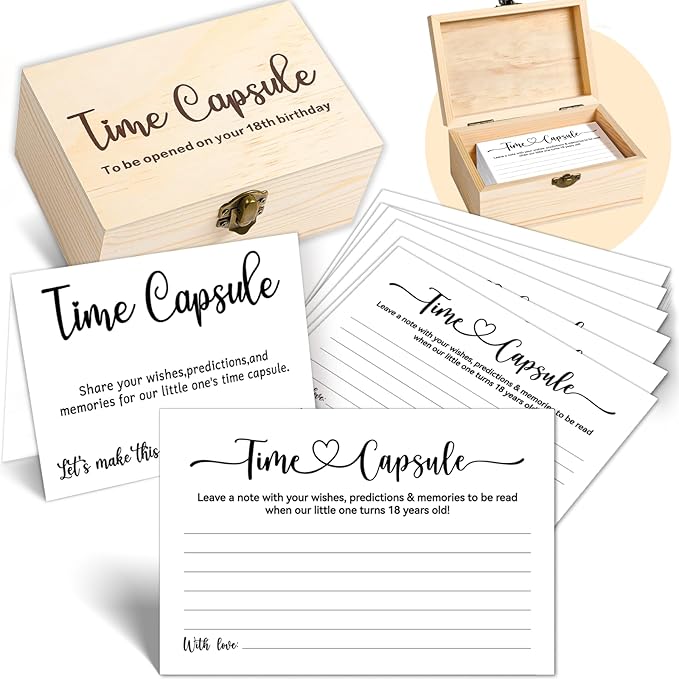 Time Capsule Box 1st Birthday, Baby Time Capsule Box for First Birthday Party Games, 50Pcs Advice and Wishes Cards Gift Keepsake Box for Baby Shower Decorations Games