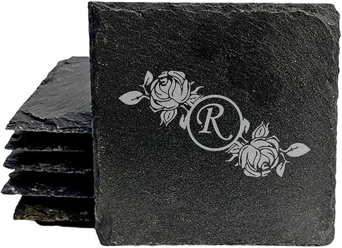 Initial Inspiration: Personalized Slate Coasters with Rose Monogram - Square Slate - Set of 6