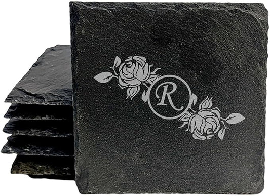 Initial Inspiration: Personalized Slate Coasters with Rose Monogram - Square Slate - Set of 6