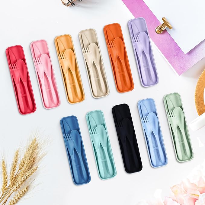 Yahenda 55 Sets Reusable Travel Utensils Set with Case Wheat Straw Cutlery Portable Spoon Knife Fork Tableware Lunch Box Bulk for Adults Travel Picnic Camping Utensils Gifts (Colorful Colors)