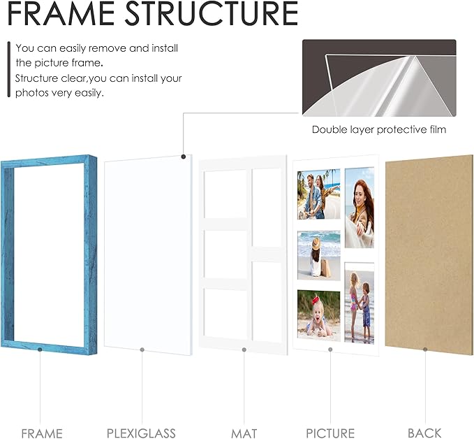 11x14 Collage Picture Frame 4x6 Collage Picture Frame Displays Five 4x6 inch Photos or 11x14 (Without Mat) Wall Decor Wall Hanging or Tabletop Blue