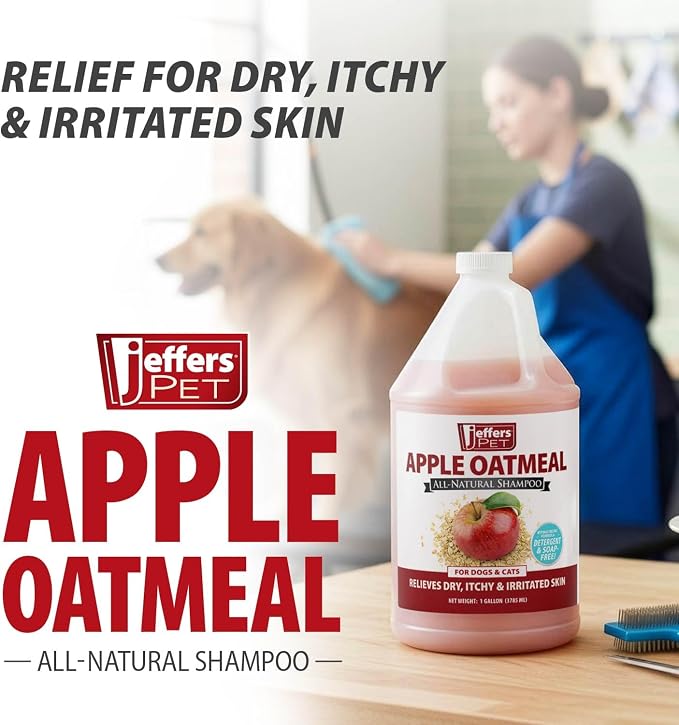 Jeffers Pet Apple Oatmeal Shampoo for Dogs & Cats, 128 oz - Gentle Coconut Based Formula w/Colloidal Oat Protein, Soap Free, Deodorizing Apple Scent, Sensitive Skin, Puppies Kittens Grooming Care