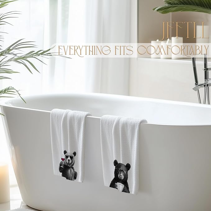 Funny Bear Kitchen Towels Set of 2, Funny Kitchen Decor, Coffee Station Wine Bar Decor, Black and White Bear Owner Gift Hand Towel, Dining Room Decorative Tea Towel Dish Towels 16x24 Inch