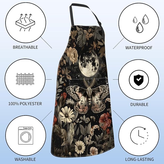 Mystical Moth Apron for Women with Moon,28x33in, Vintage Floral Kitchen Aprons with 2 Pockets,Oxford Fabric,Retro Adjustable Apron for Cooking Baking Gardening Chef,Gifts for Mom Wife