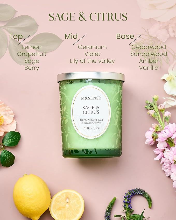 M&SENSE Sage Citrus Scented Candle, Cracking Wooden Wick Soy Wax, 18oz 100 Hours Long Lasting Clean Burn, Large Jar Candles for Home Decor, Non-Toxic Relaxing Fall Winter Aromatherapy Gifts for Women