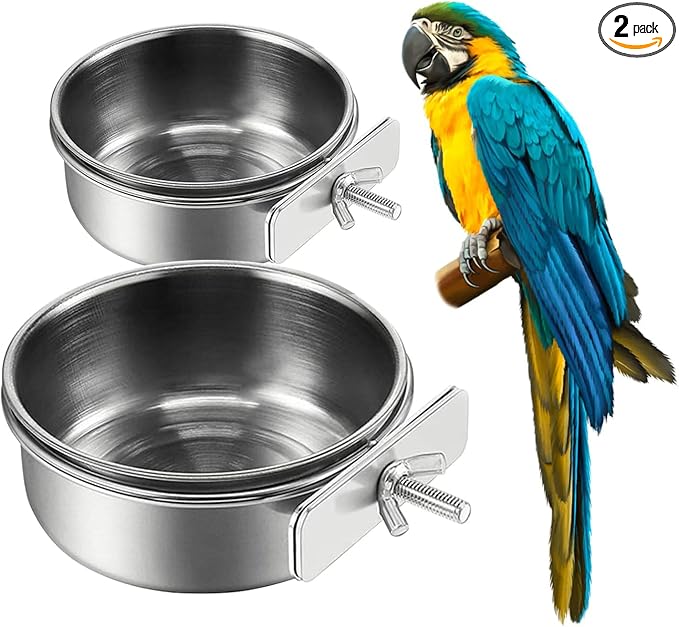 2Pcs Stainless Steel Bird Feeding Bowls, Parrot Food Water Feeder Cage Cup Holder Dia 3.93",4.72"