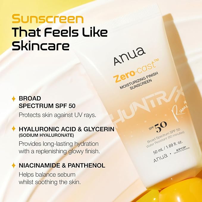 Anua, Zero-Cast Moisturizing Sunscreen SPF 50, Glow Natural Sunscreen for face, No White Cast, Hyaluronic Acid, Niacinamide, Oil-Free, KPop Demon Hunters, Korean Skincare, 1.69 fl oz