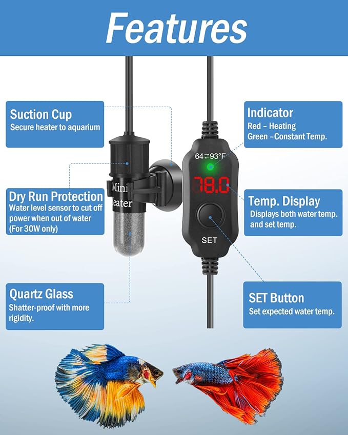 AquaMiracle Mini Aquarium Heater 20W Small Fish Tank Heater for 2-4 Gal Tanks, Digital Display Thermostat Betta Heater with Dry-Run & Overheat Protection, Memory Function