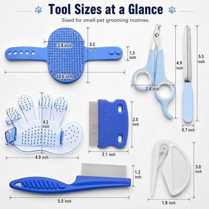 Rabbit Grooming Kit, 7-Piece Bunny Brush and Nail Care, Blue | 7 tools for loose fur, combing, light tangles and nail care; for rabbits, guinea pigs, hamsters and ferrets