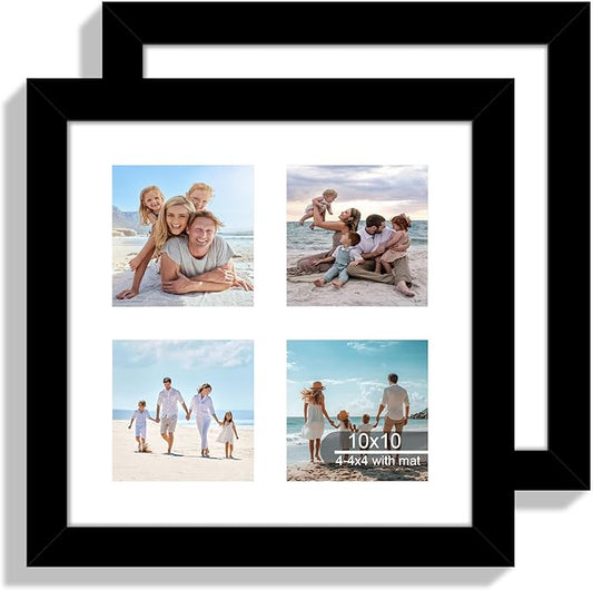 10x10 Picture Frame Set of 2, Real Glass and Black Collage Frame, Display Pictures Four Opening 4x4 With Mat or 10 x 10 Without Mat for Wall Hanging or Tabletop
