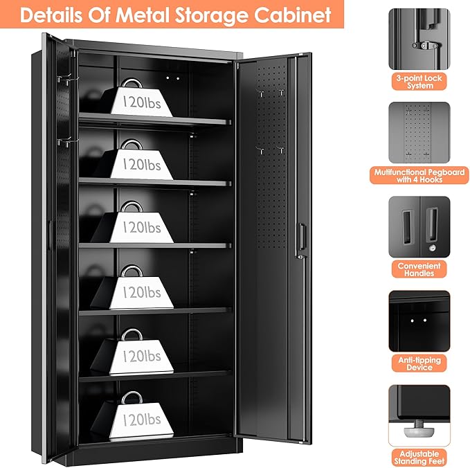 Lockable Garage Storage Cabinet with 5 Adjustable Shelves, 71" H Black Metal Storage Cabinet with 2 Pegboard Doos for Garage, Home, Assembly Required, Black