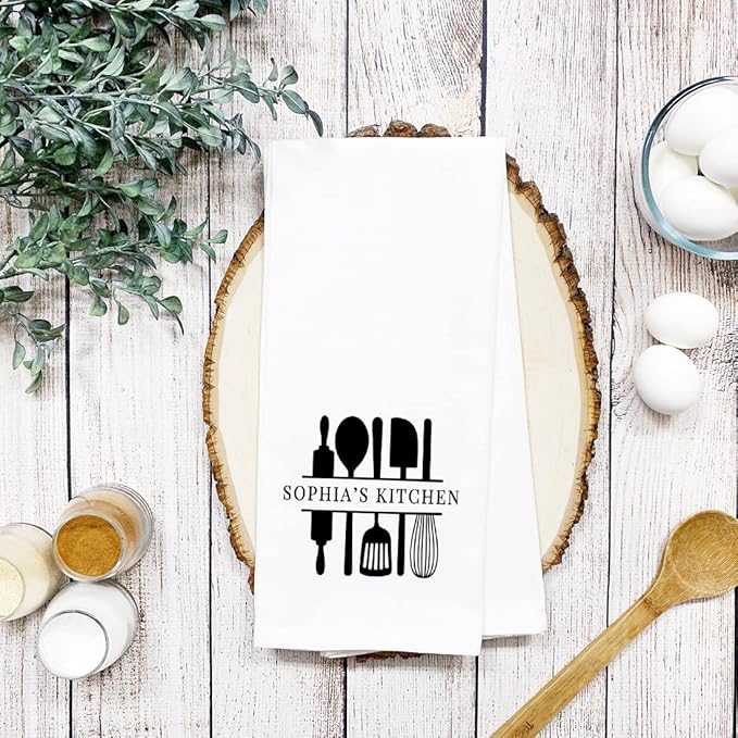 Andaz Press Personalized Kitchen Towel, Flour Sack Tea Towel, Custom Name Kitchen Gifts Utensil Design Birthday for Mom Daughter Grandma, Wife, Her, Housewarming Gift, Kitchen Decor
