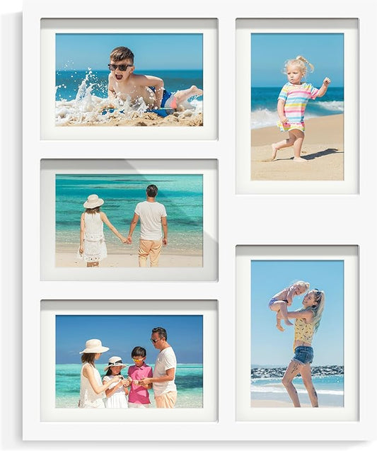 5x7 Picture Frame Collage Holds 5 Photos Made of High Definition Glass, Mat for Display 4x6 Picture Frame Collage Photo for Wall Decor White