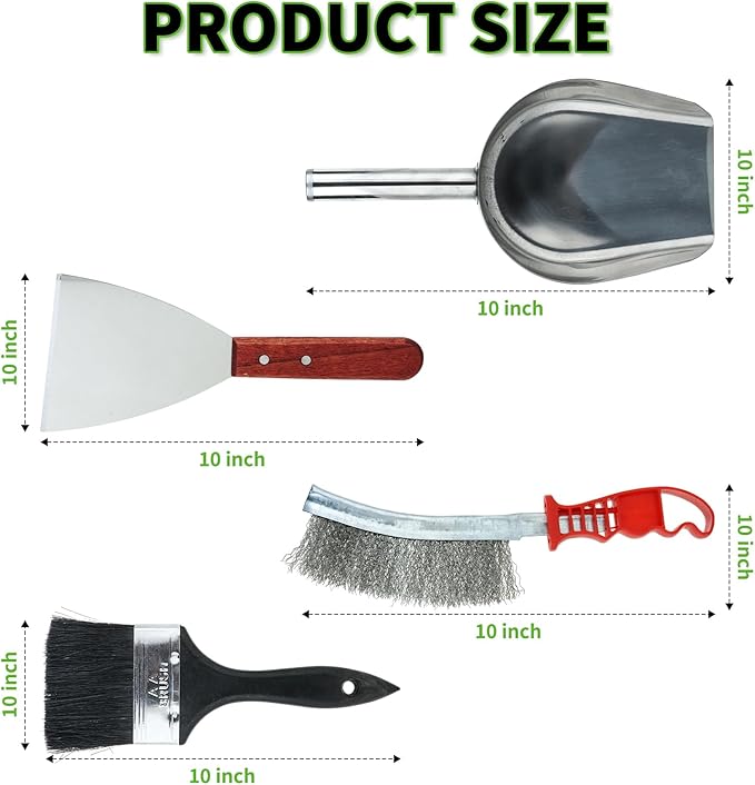 Grill Ash Cleaning Pellet 4-Piece Kit（Metal Material Durability） Includes Wire Brush，Ash Shovel，Bristle Brush，Angled Shovel，Effortlessly Removes Stubborn Grime & Collects Ash Debris